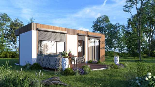 Визуализация на модул Moduliva 48 с тераса в зелена градина